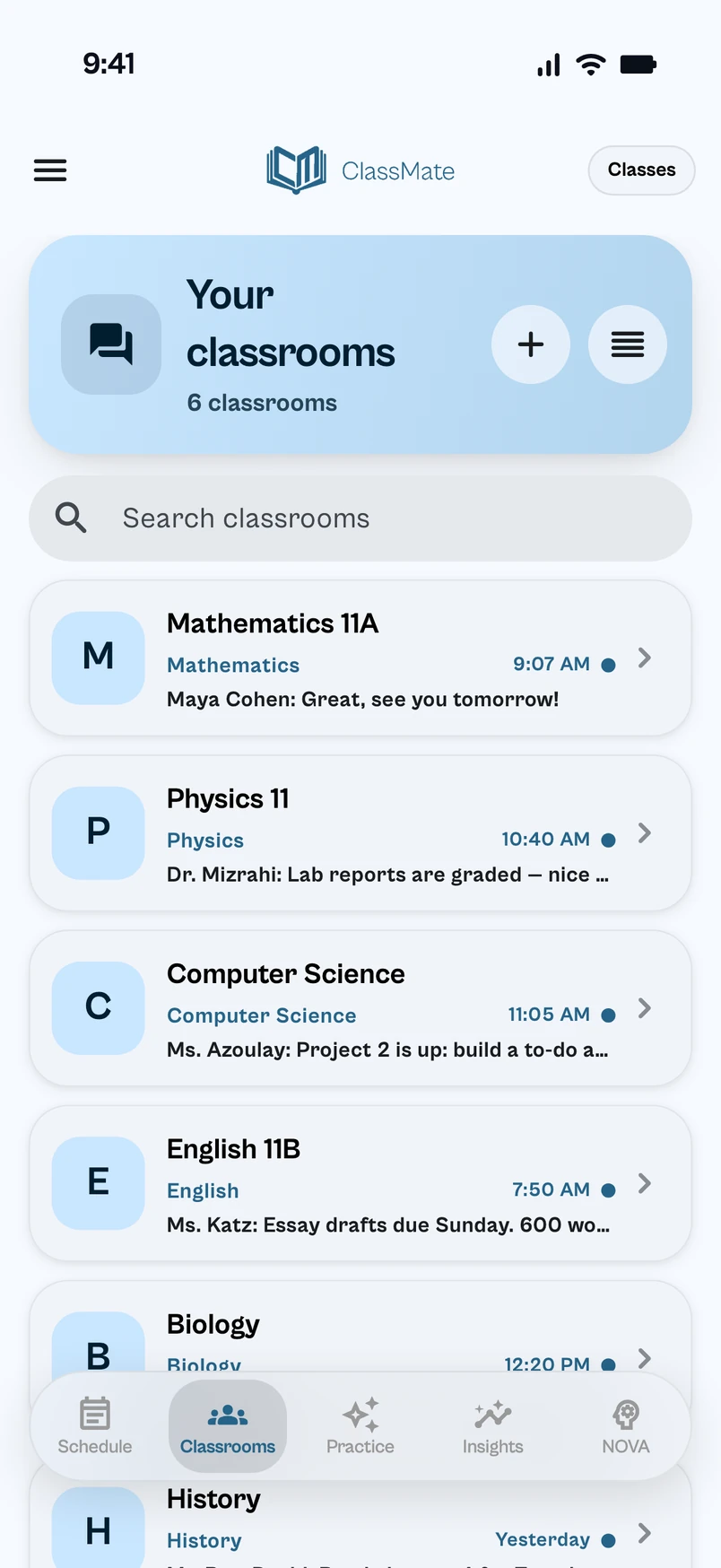 Classrooms screen