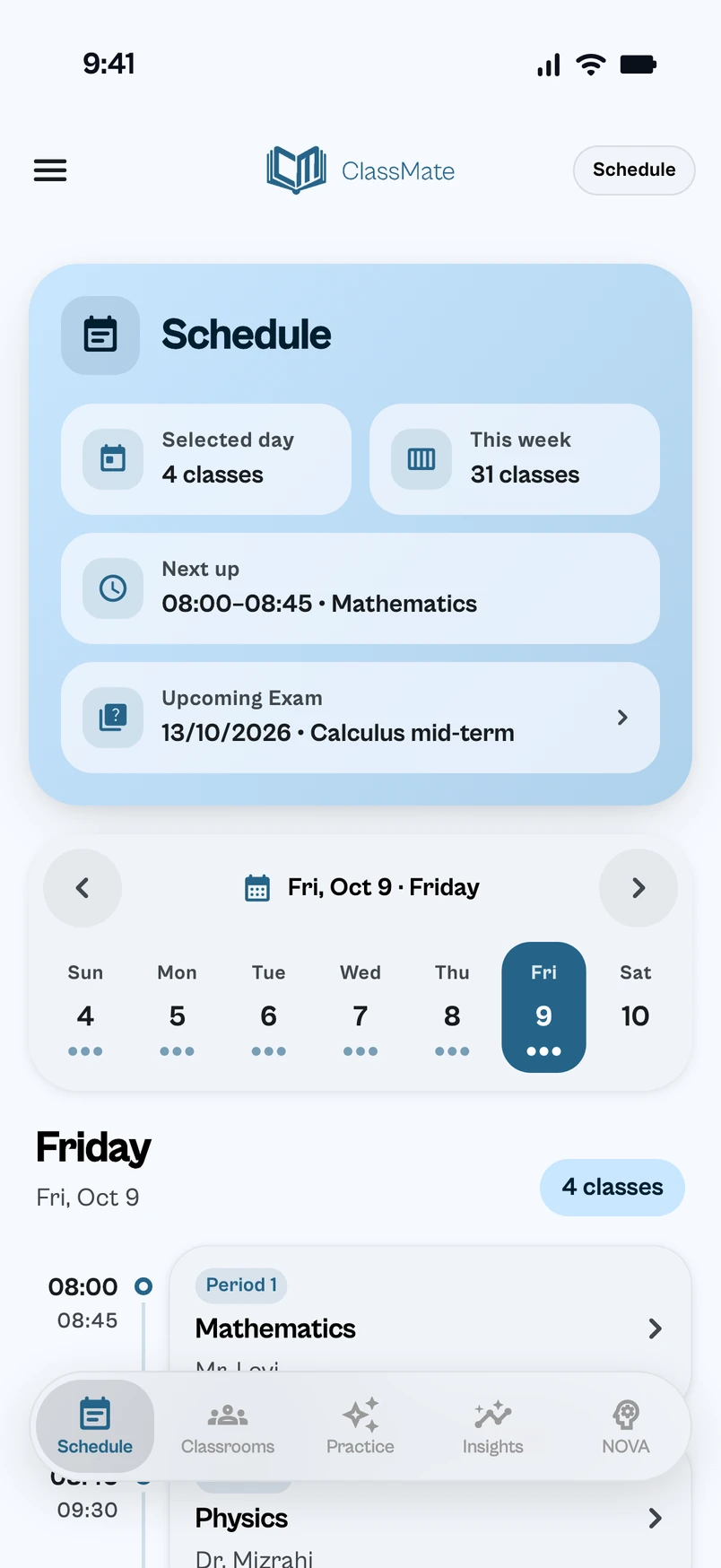 Schedule screen